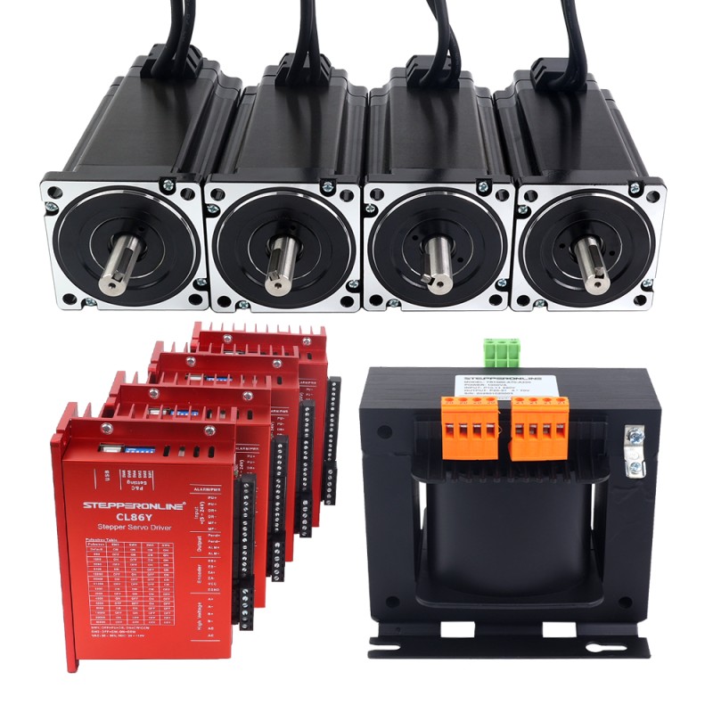 YS-serie 4-assige gesloten lus stappenmotor CNC-kit 12,0Nm(1699,34oz.in) Nema 34-motor met 1,5m kabels en AC-transformator - 4-ACLYS120-1M5 | StepperOnline