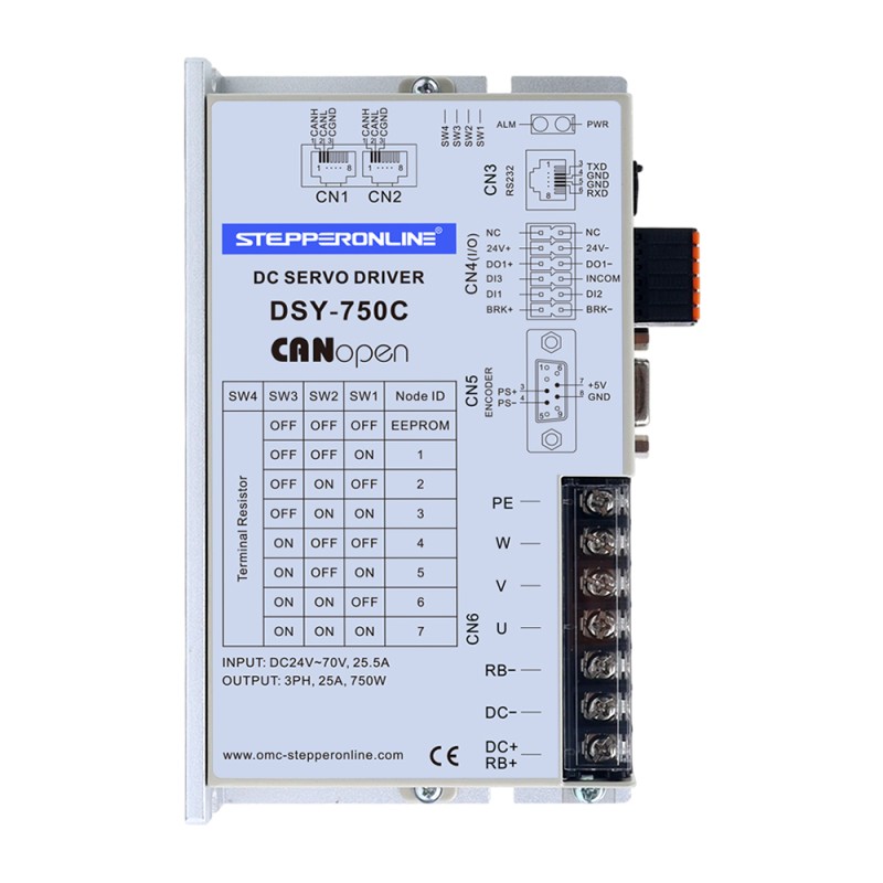 DSY Serie 750W CANopen DC Servomotor 24-70VDC 2,39Nm met Rem 3000rpm 17-Bit Incrementele Encoder IP65 - DSY-C750L2B2-M17S | StepperOnline