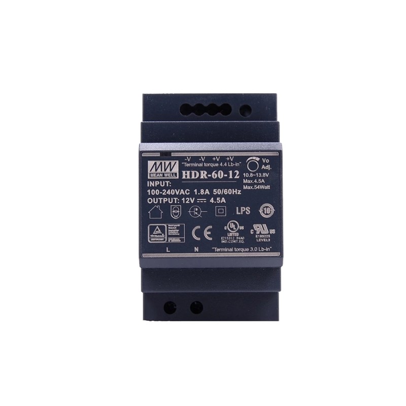HDR-60-12 MEANWELL 54W 12VDC 4,5A 115/230VAC Ultra Slim Step Shape DIN Rail voeding