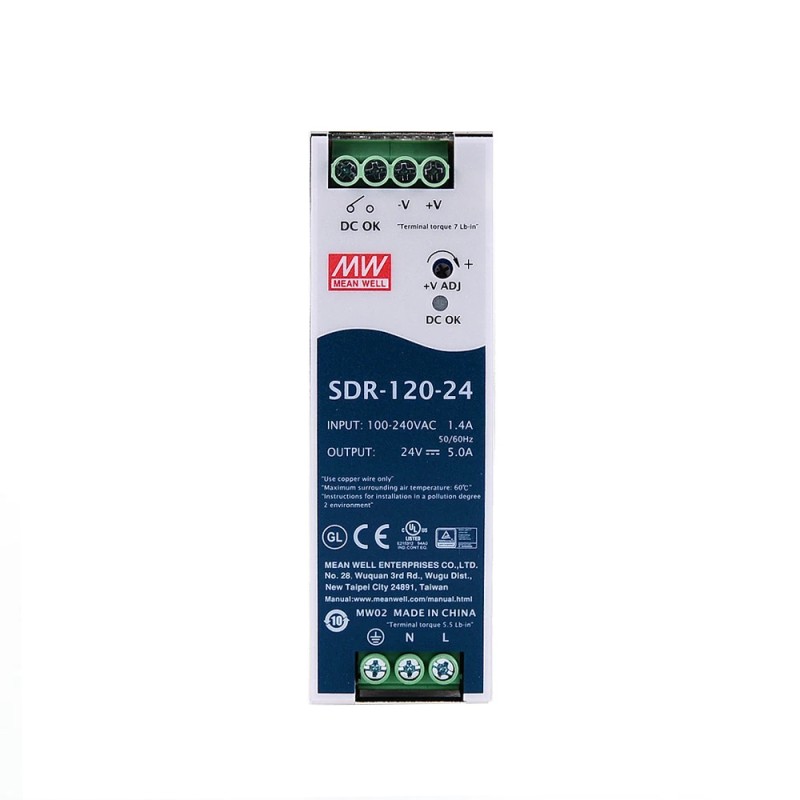 SDR-120-24 MEANWELL 120W 24VDC 5A 115/230VACMet PFC-functie DIN Rail voeding