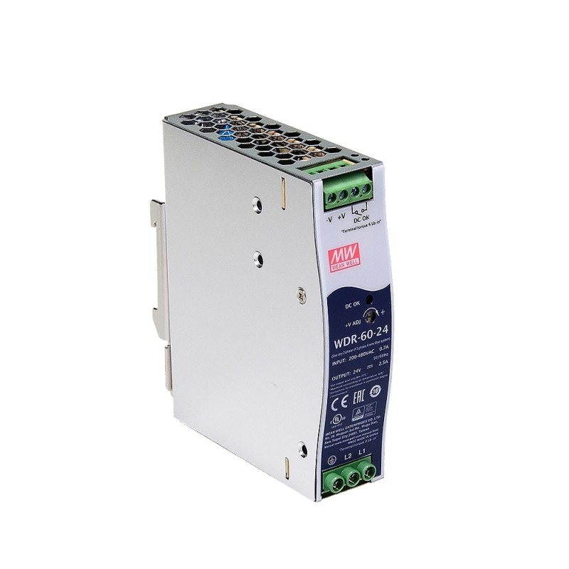 WDR-60-24 MEANWELL 60W 24VDC 2,5A 230/400VAC UltraWide Input Industriële DIN Rail voeding