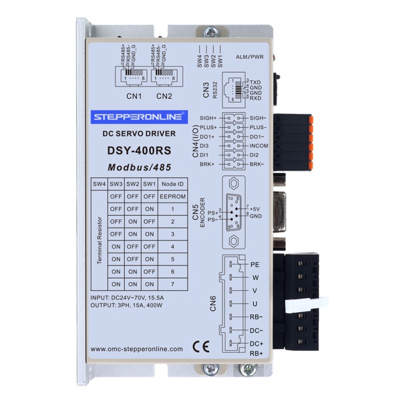 DSY-serie 400W RS485 DC-servomotor 24-70VDC 1,27Nm met rem 3000rpm 17-bits incrementele encoder IP65 - DSY-RS400L2B2-M17S | StepperOnline