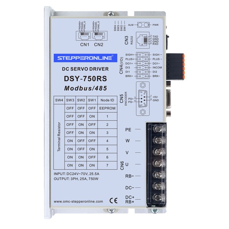 DSY-serie 750W RS485 DC-servomotor 24-70VDC 2,39Nm met rem 3000rpm 17-bits incrementele encoder IP65 - DSY-RS750L2B2-M17S | StepperOnline