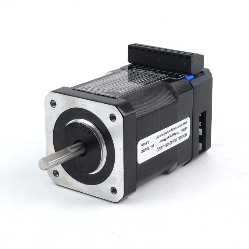 iCL-serie NEMA 17 geïntegreerde stappenmotor met gesloten lus 0,6 Nm (84,96oz.in) 20-36 VDC met 14-bits encoder iCL-serie NEMA 17 geïntegreerde stappenmotor met gesloten lus 0,6 Nm (84,96oz.in) 20-36 VDC met 14-bits encoder